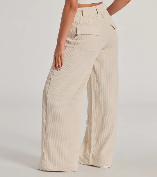 Essentiële Hoge Taille Corduroy Wijde Cargo Broek