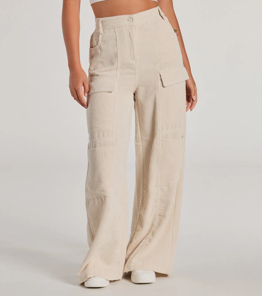Essentiële Hoge Taille Corduroy Wijde Cargo Broek