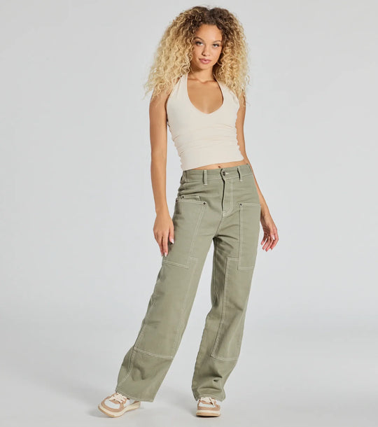 Moeiteloos Casual Wijde-Taille Twill Cargo Broeken