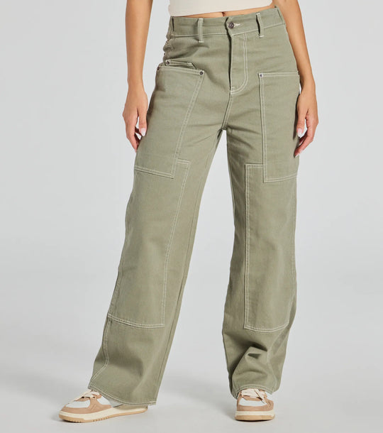 Moeiteloos Casual Wijde-Taille Twill Cargo Broeken