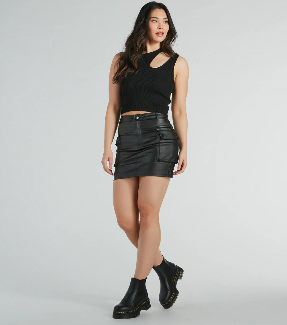 Loop De Rand Cargo Faux Leather Mini Rok