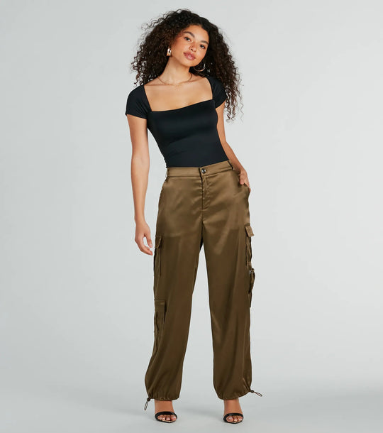 Soepele Sensatie Satijnen Hoge Taille Cargo Joggers