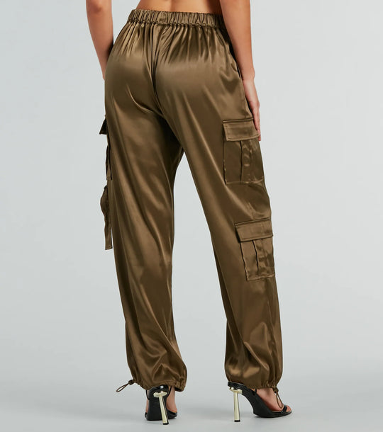 Soepele Sensatie Satijnen Hoge Taille Cargo Joggers