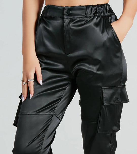 Got The Look Satin High-Rise Cargo Joggers