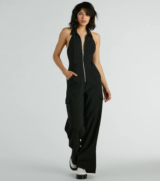 Trendsettende Babe Kraag Rits-Voorkant Cargo Jumpsuit