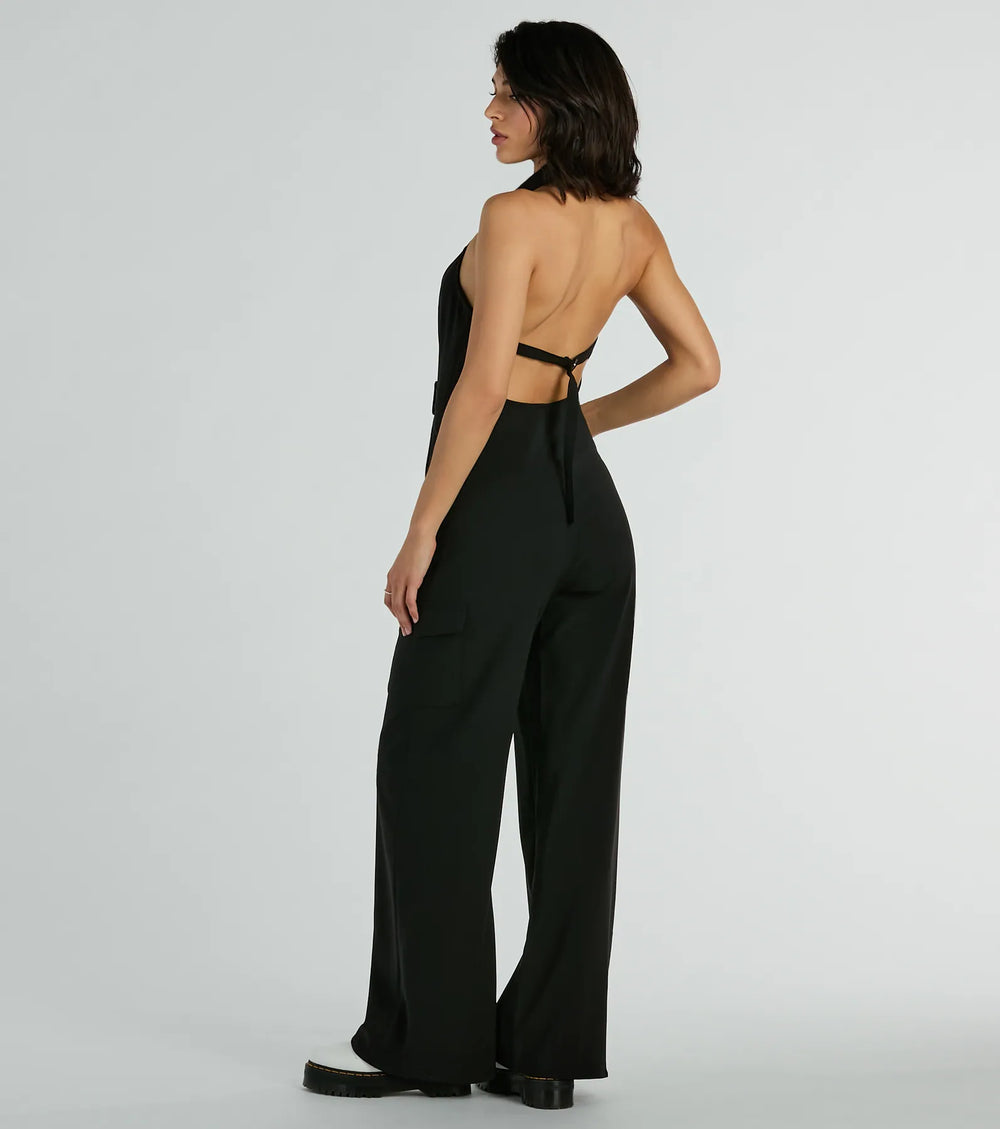 Trendsettende Babe Kraag Rits-Voorkant Cargo Jumpsuit