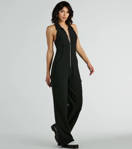 Trendsettende Babe Kraag Rits-Voorkant Cargo Jumpsuit