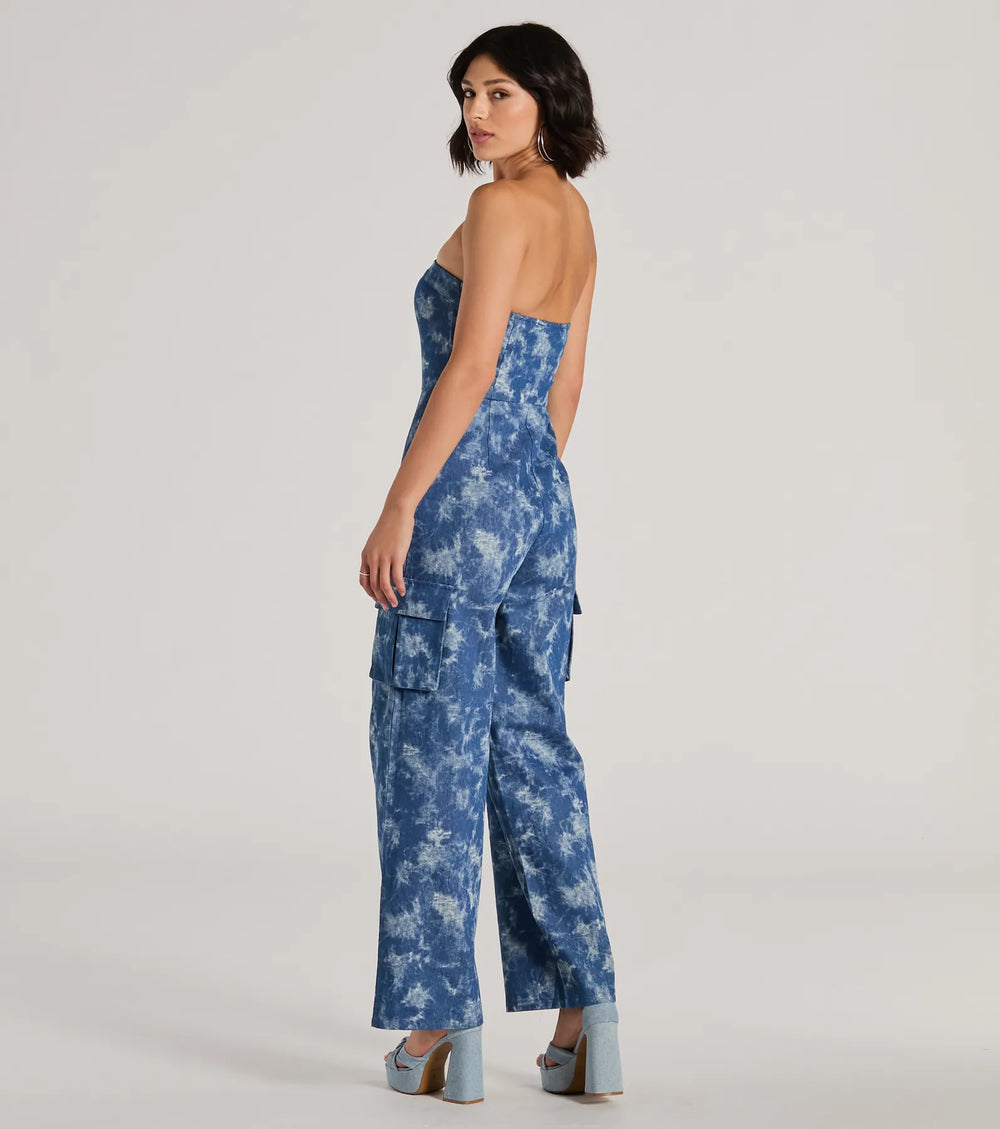 Goede Vibes Strapless Tie-Dye Wijde Pijpen Cargo Jumpsuit
