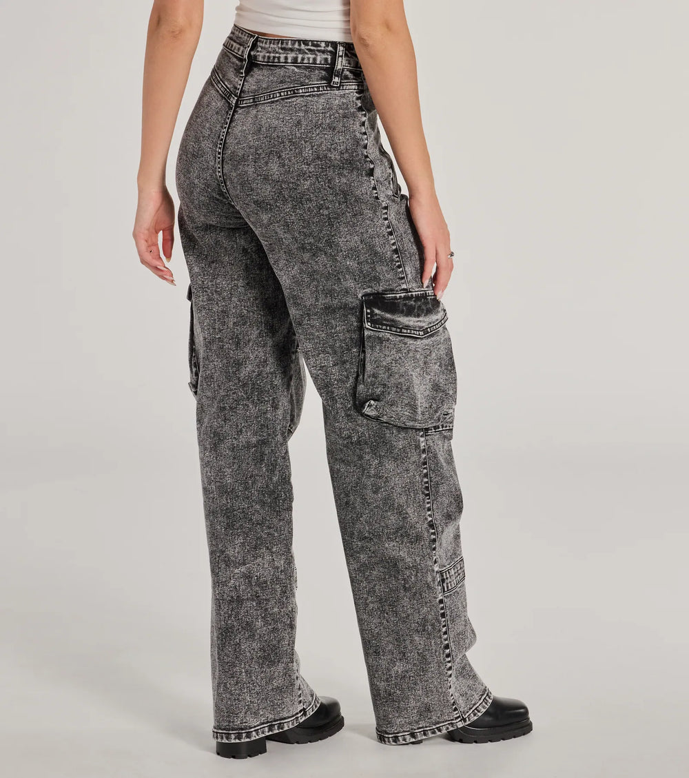 Trendy Hoge Taille Cargo Acid Wash Jeans
