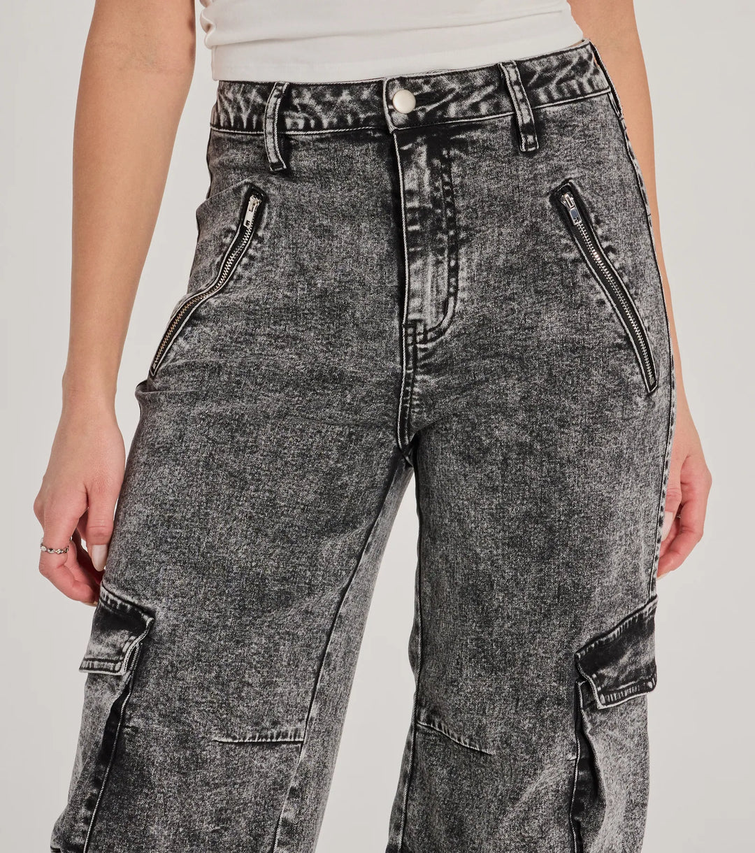 Trendy Hoge Taille Cargo Acid Wash Jeans