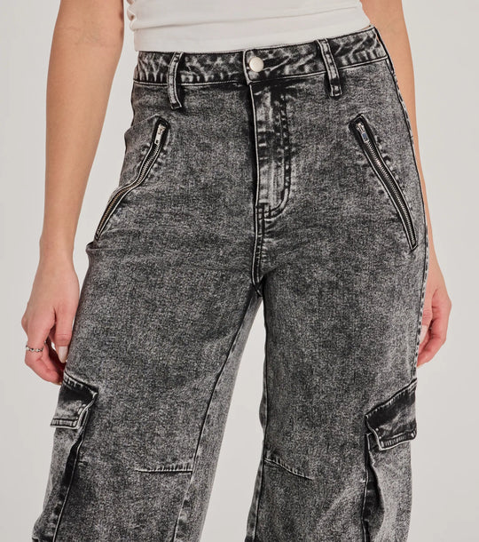 Trendy Hoge Taille Cargo Acid Wash Jeans
