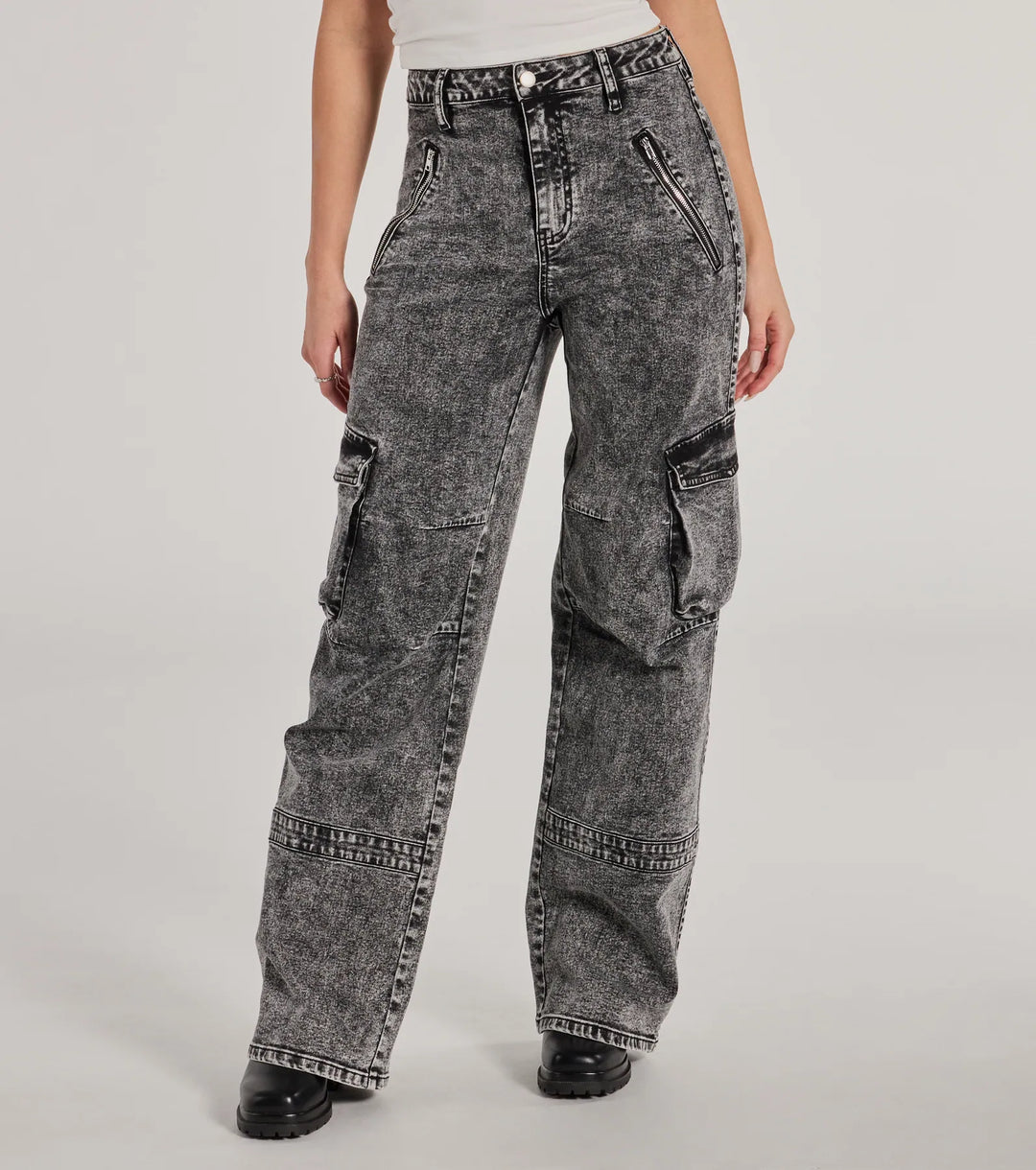 Trendy Hoge Taille Cargo Acid Wash Jeans