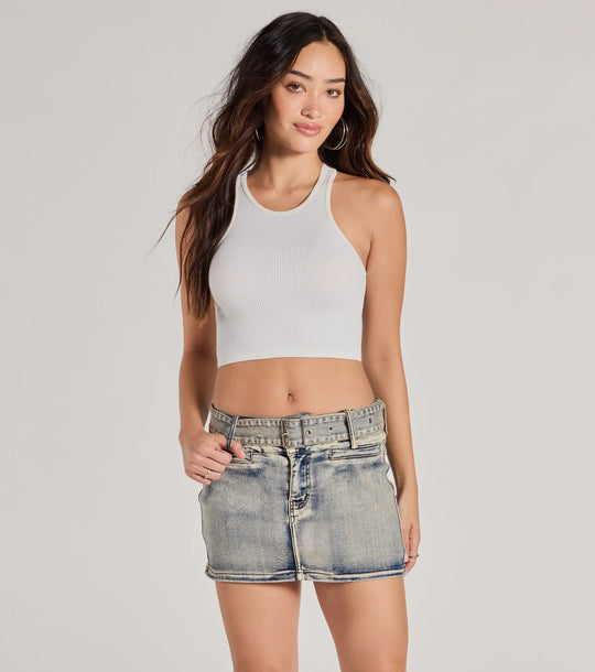 Schattige Effect Mid-Rise Geknoopte Denim Mini Skort