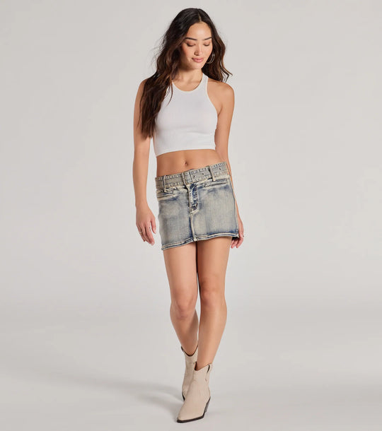 Schattige Effect Mid-Rise Geknoopte Denim Mini Skort