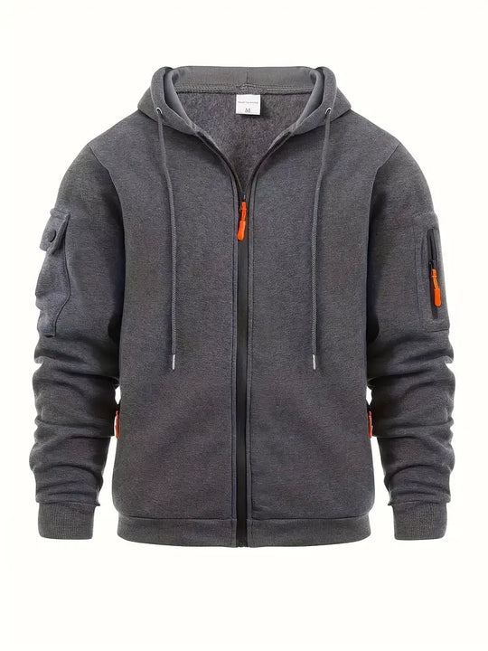 Heren Zip-Up Hoodie met Utility Pockets en Trekkoord Kap