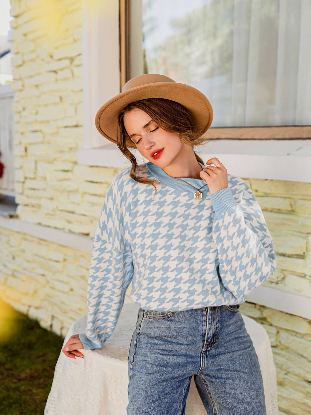 Houndstooth Geribbelde Trim Sweater | Lange Mouwen | Casual Trui met Verlaagde Schouders