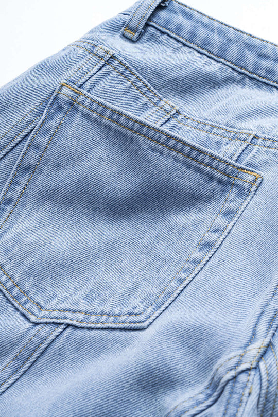 Denim Patchwork Knop Pocket Wijde Pijpen Barrel Broek