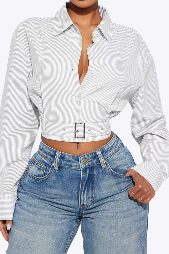 Enid - Stijlvolle Metallic Vrouwelijke Lange Mouwen Shirt met Ceintuur