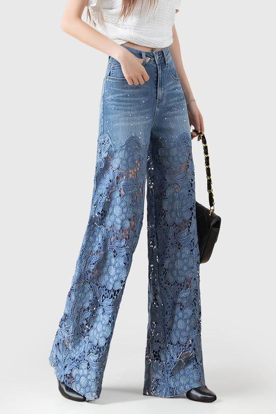 Kant Uitsnede Patchwork Wijde Pijpen Jeans