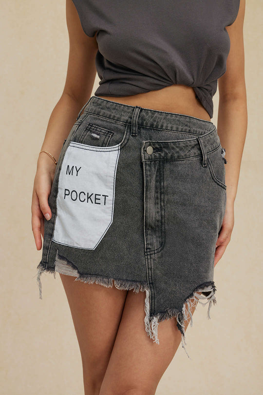 Brief Print Versleten Hem Denim Rok