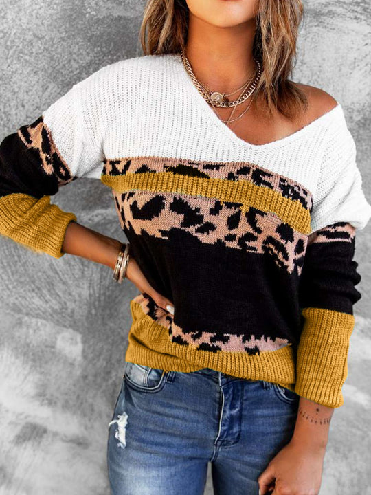 Luipaard Kleurblok V-Hals Ribbelsweater | Lange Mouwen | Casual Gezellige Trui
