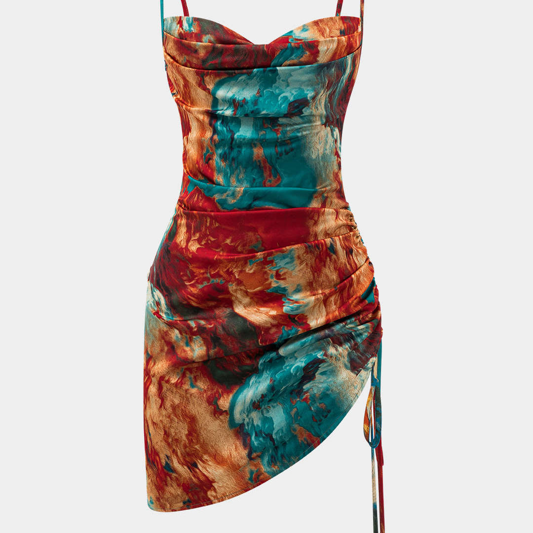 Aquarel Print Satijnen Rimpel Drawstring Slip Mini Jurk