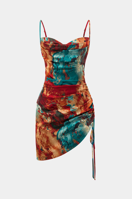 Aquarel Print Satijnen Rimpel Drawstring Slip Mini Jurk