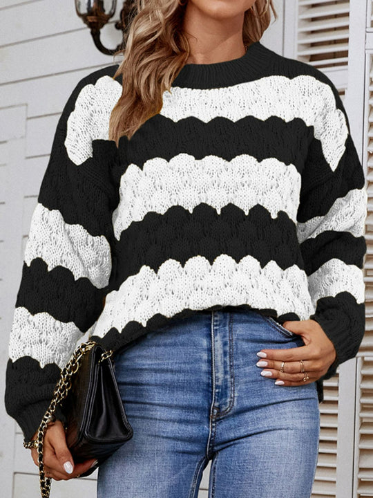 Dames Trui | Gestreept Design met Geribbelde Afwerking | Lange Pasvorm en Verlaagde Schouders