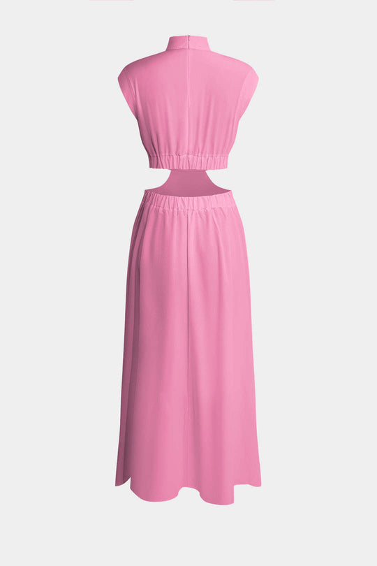 Mock Neck Cut Out Plissé Maxi Jurk