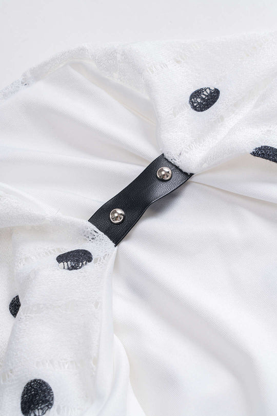 Polka Dots Patroon Kanten Rimpel Halter Nek Tie Up Rugloze Mini Jurk