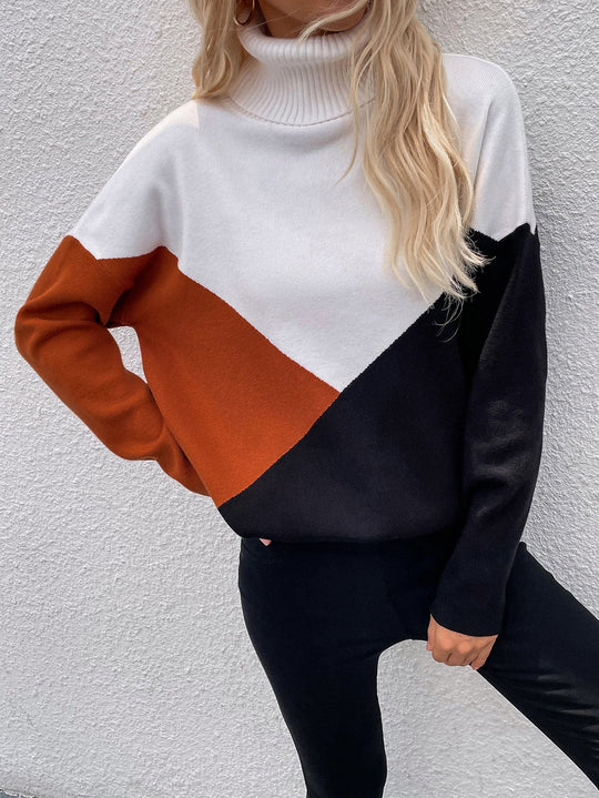 Kleurblok Verlaagde Schouder Turtleneck Trui | Modern & Gezellig