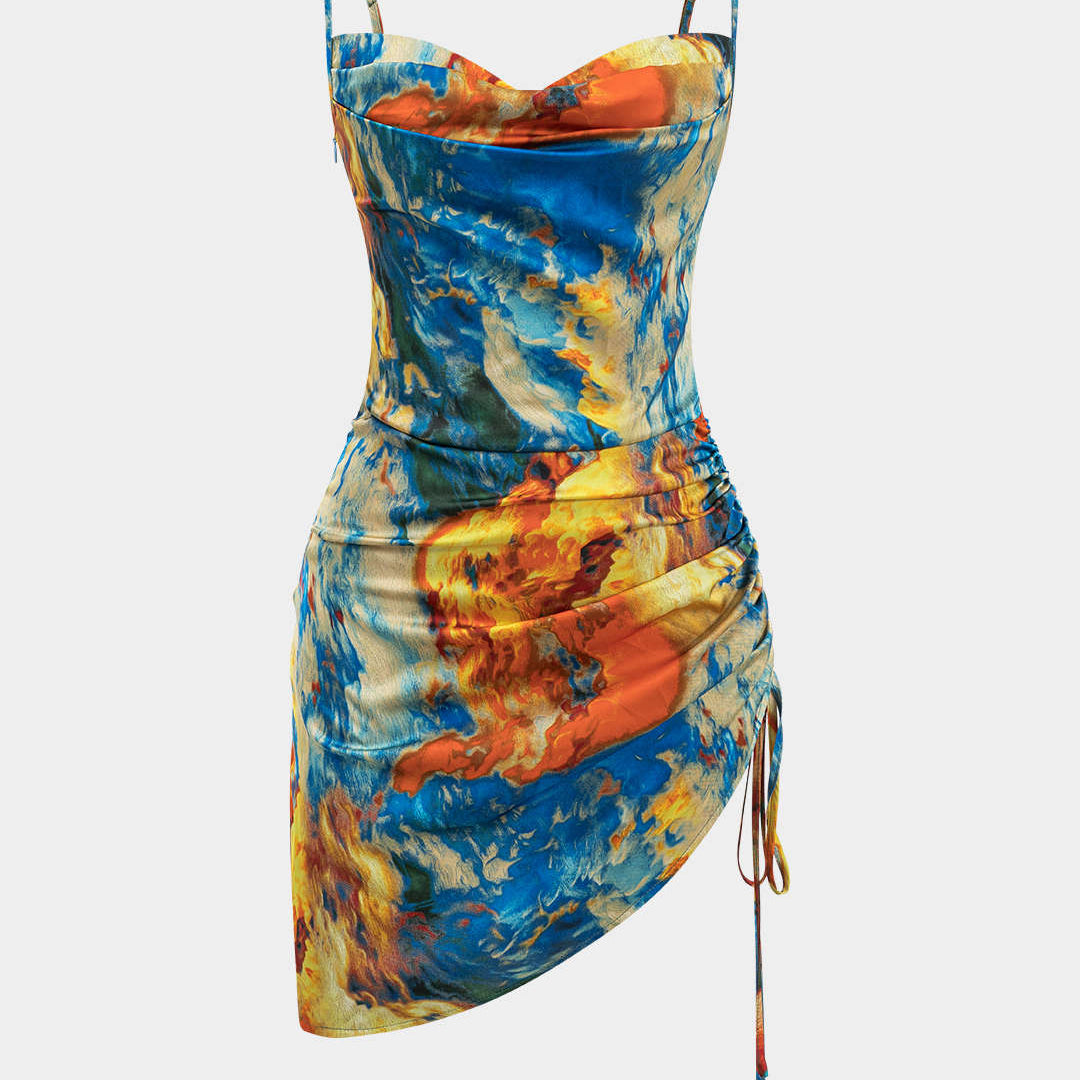 Aquarel Print Satijnen Rimpel Drawstring Slip Mini Jurk