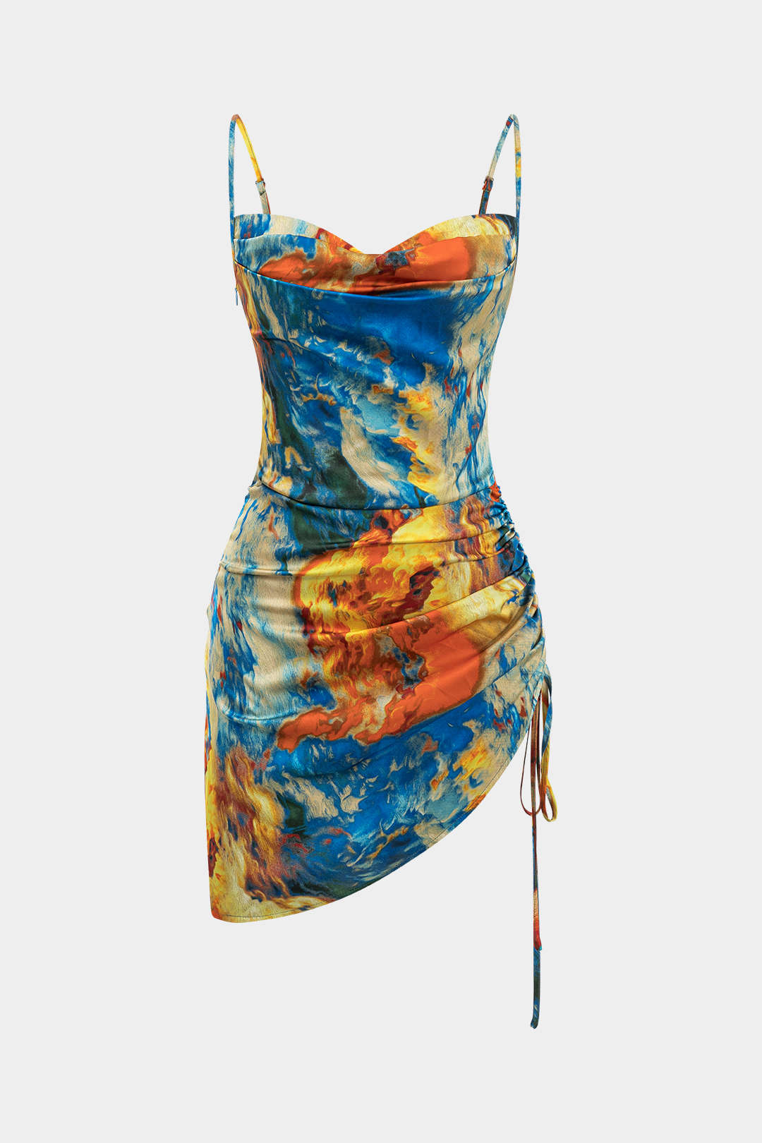 Aquarel Print Satijnen Rimpel Drawstring Slip Mini Jurk