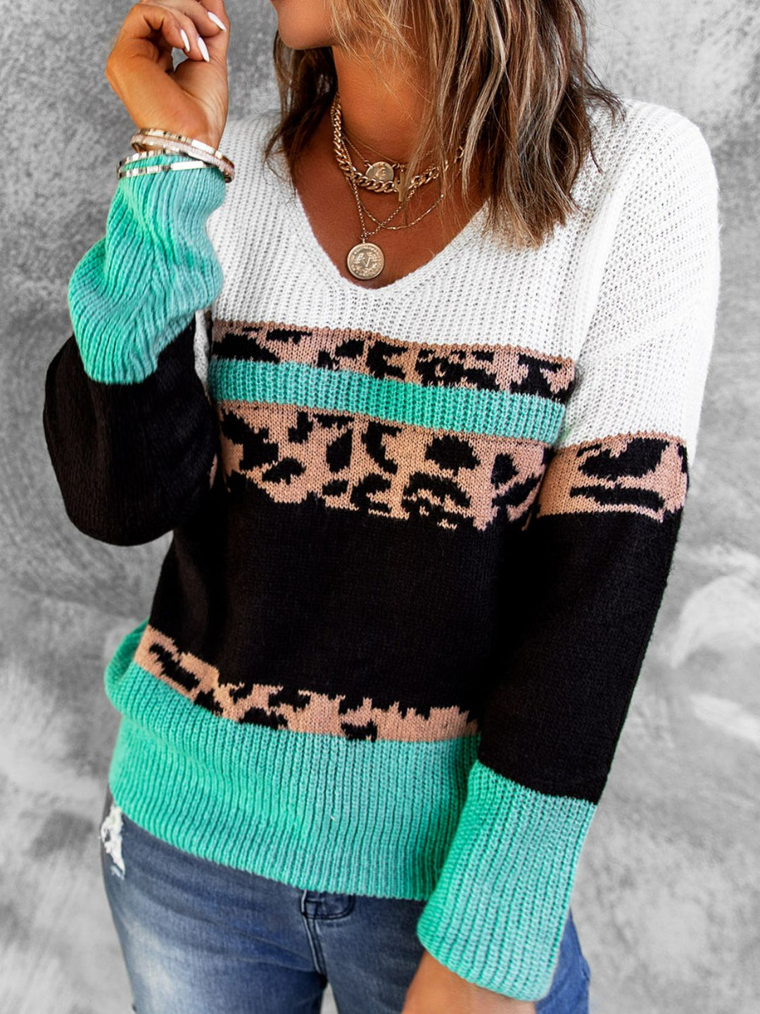 Luipaard Kleurblok V-Hals Ribbelsweater | Lange Mouwen | Casual Gezellige Trui