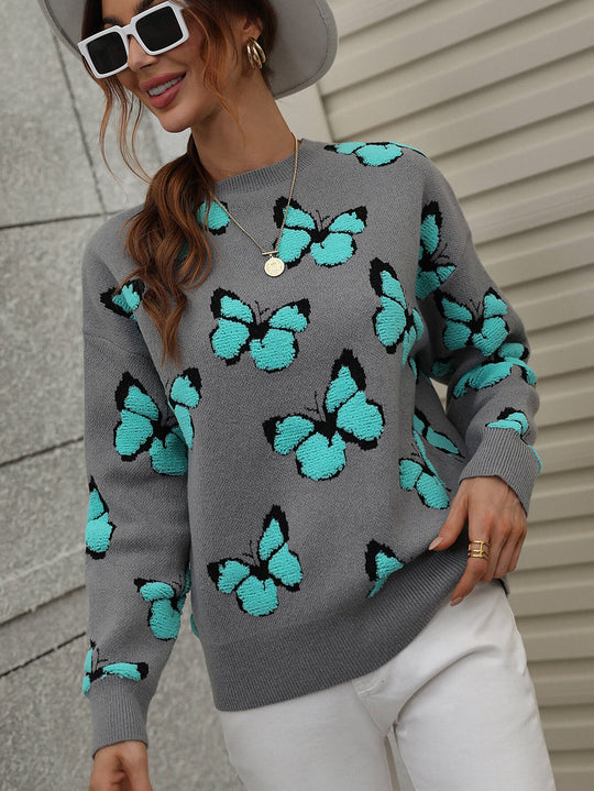 Dames Vlinder Crewneck Trui | Verlaagde Schouders | Borduursel