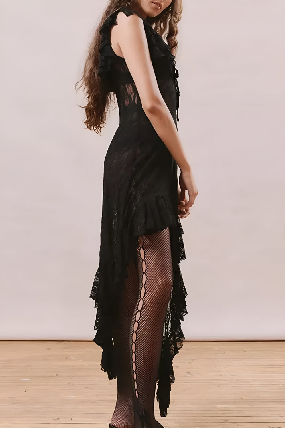 Kanten Asymmetrische Midi Jurk met Strik