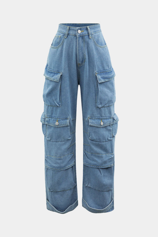 Multi Pocket Rolrand Wijde Pijpen Cargo Jeans