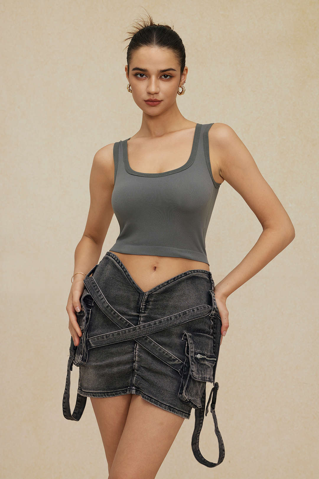 V-taillering Gesp Flap Pocket Denim Cargo Rok