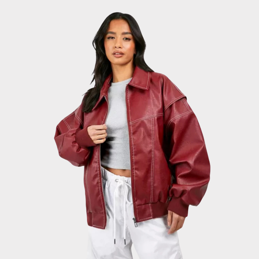 Dames Oversized Bomberjack | PU Leer met Contrasterende Stiksels | Jas met Rits en Voering