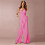 Effen Jumpsuit Dames – Comfortabele Wijde Broek met Korte Mouwen en Ceintuur