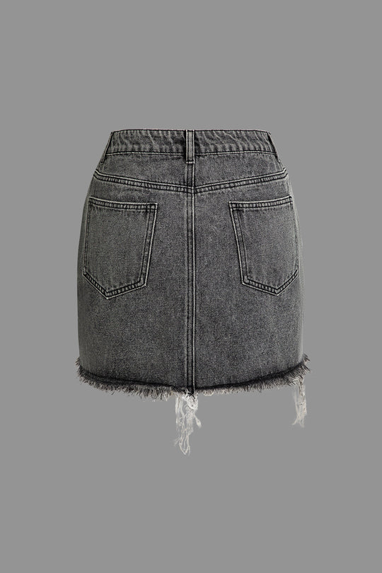 Brief Print Versleten Hem Denim Rok