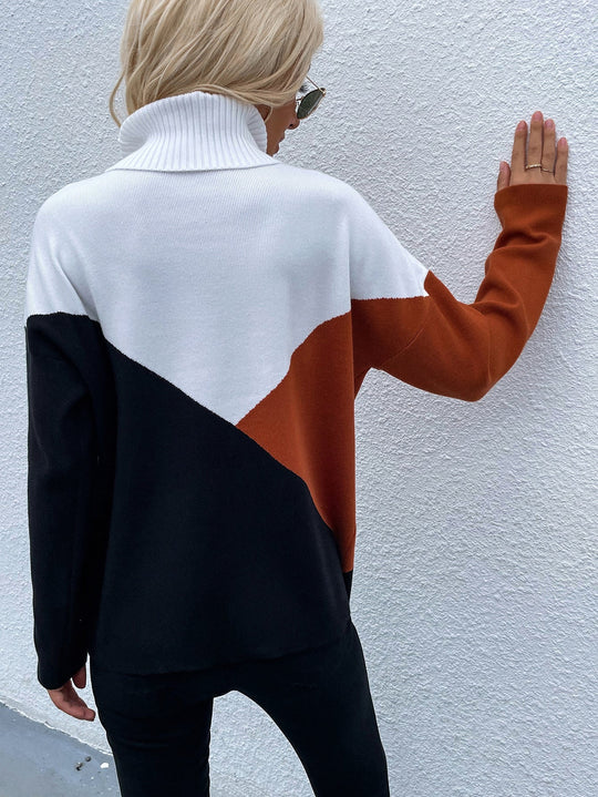 Kleurblok Verlaagde Schouder Turtleneck Trui | Modern & Gezellig
