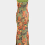 Tie Dye Print Ruched Tie Front Zipper Slip Maxi Dress