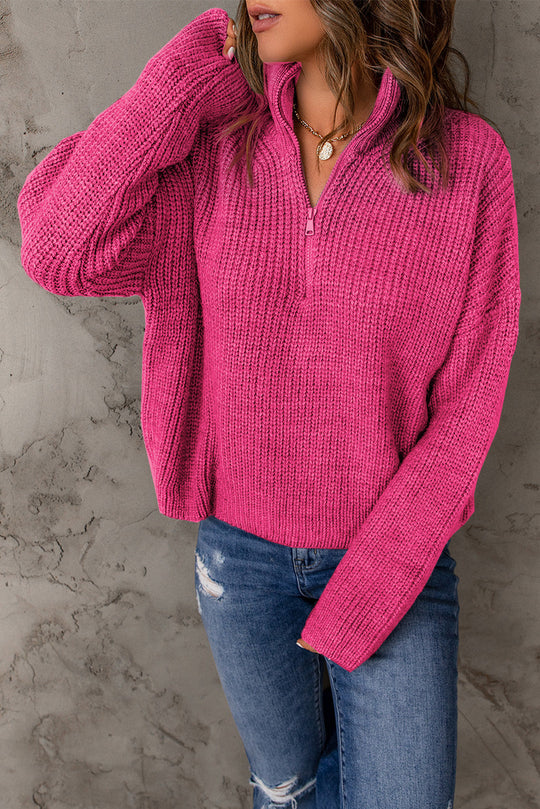Dames Half Zip Rib-Knit Trui | Verlaagde Schouder | Hoge Hals