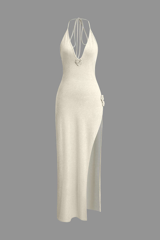 3D Bloem V-Hals Rugloos Split Maxi Jurk
