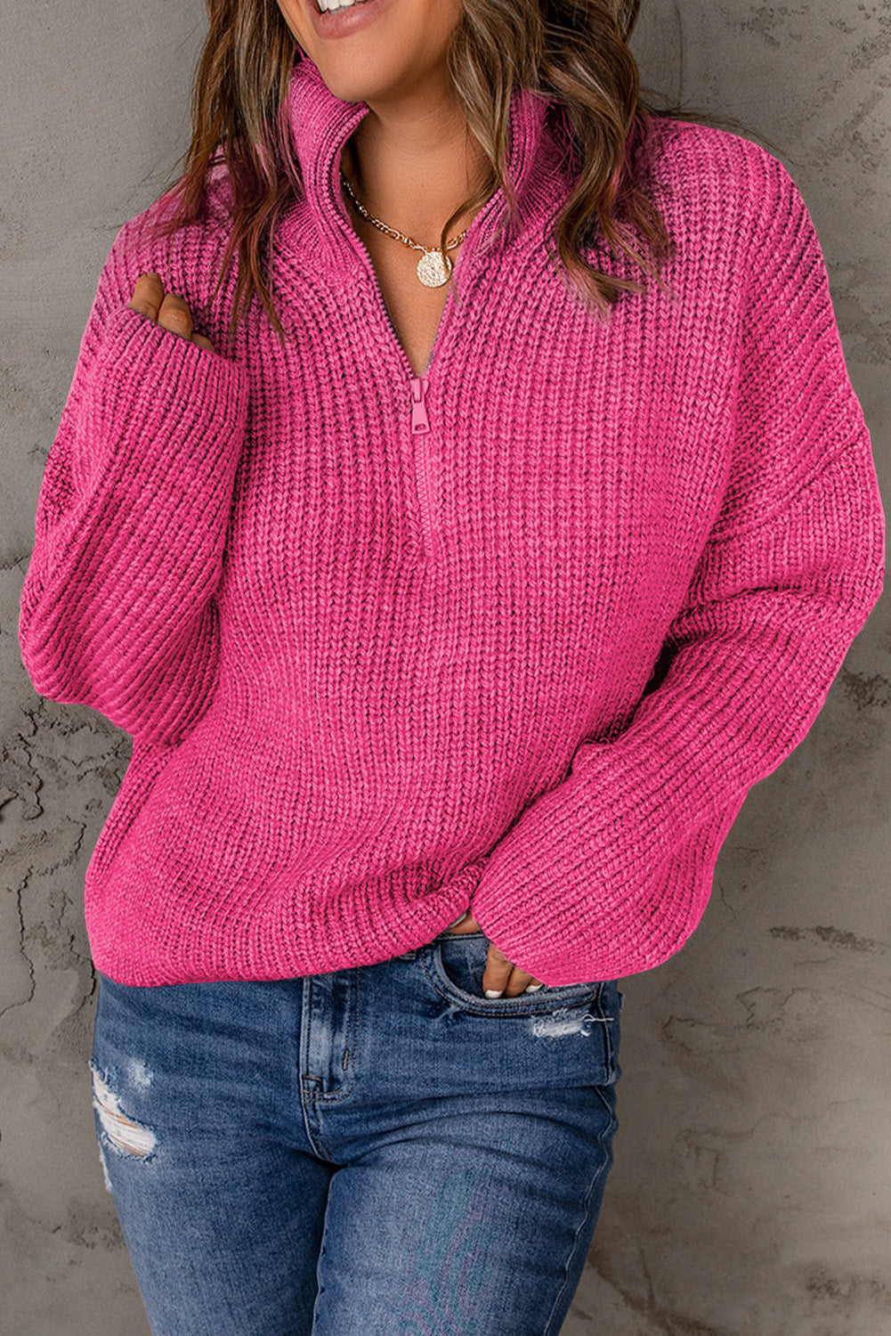 Dames Half Zip Rib-Knit Trui | Verlaagde Schouder | Hoge Hals