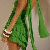 Chiffon Strapless Asymmetrische Mouwloze Mini Jurk Met Sjaal