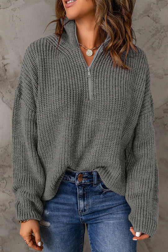 Dames Half Zip Rib-Knit Trui | Verlaagde Schouder | Hoge Hals