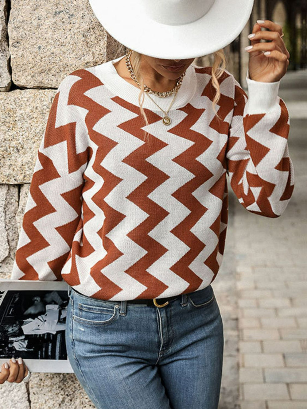 Chevron Ribbel Trim Gedropte Schouder Trui | Lange Mouwen | Casual Romantische Sweater