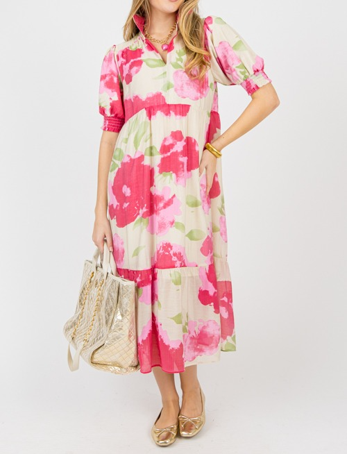 Bloom Elegance – Midi Jurk met Abstracte Bloemenprint